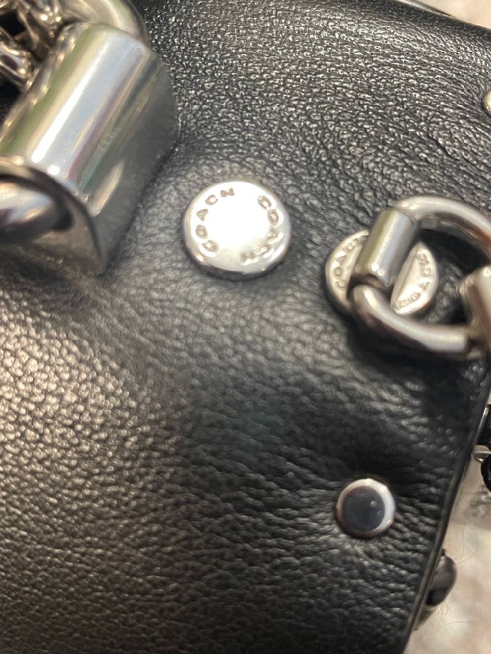 Coach Black Leather & Signature Canvas Chain Shoulder Bag with Silver Studs - Picture 10 of 17